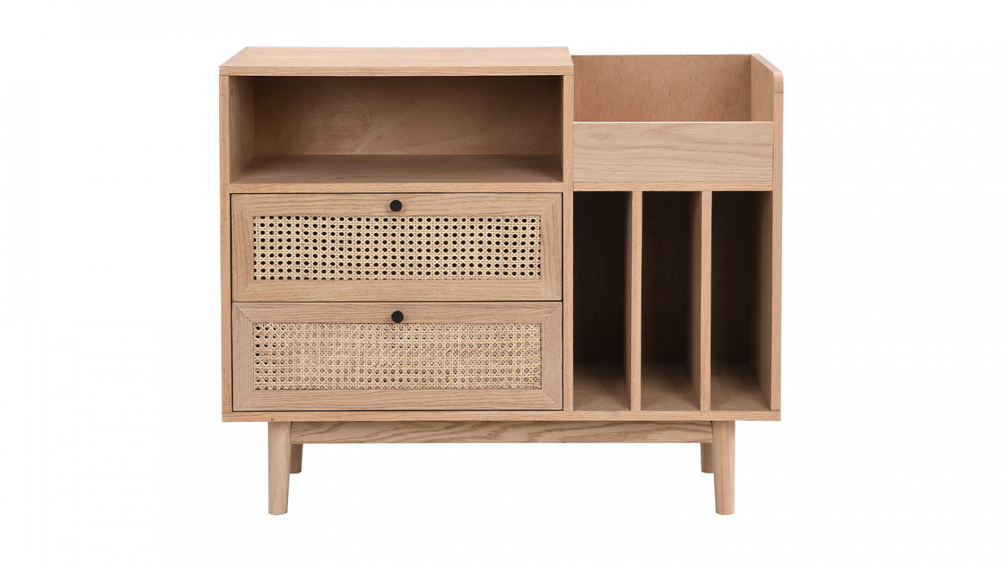 Meuble range vinyles 2 tiroirs en cannage naturel et placage chêne 90 cm - Eden