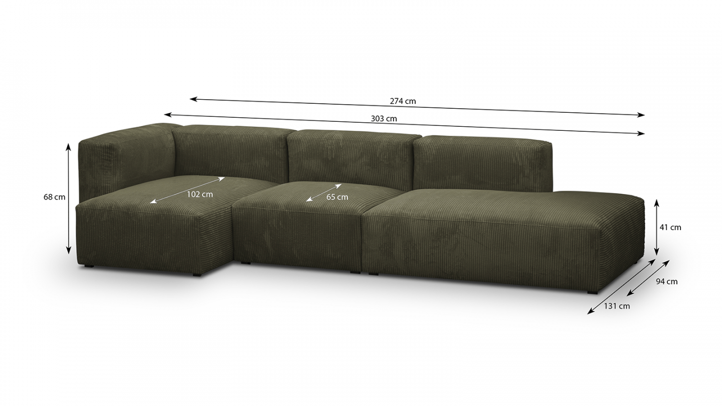 Canapé d'angle à gauche modulable avec méridienne 5 places en velours côtelé vert kaki - Modulo