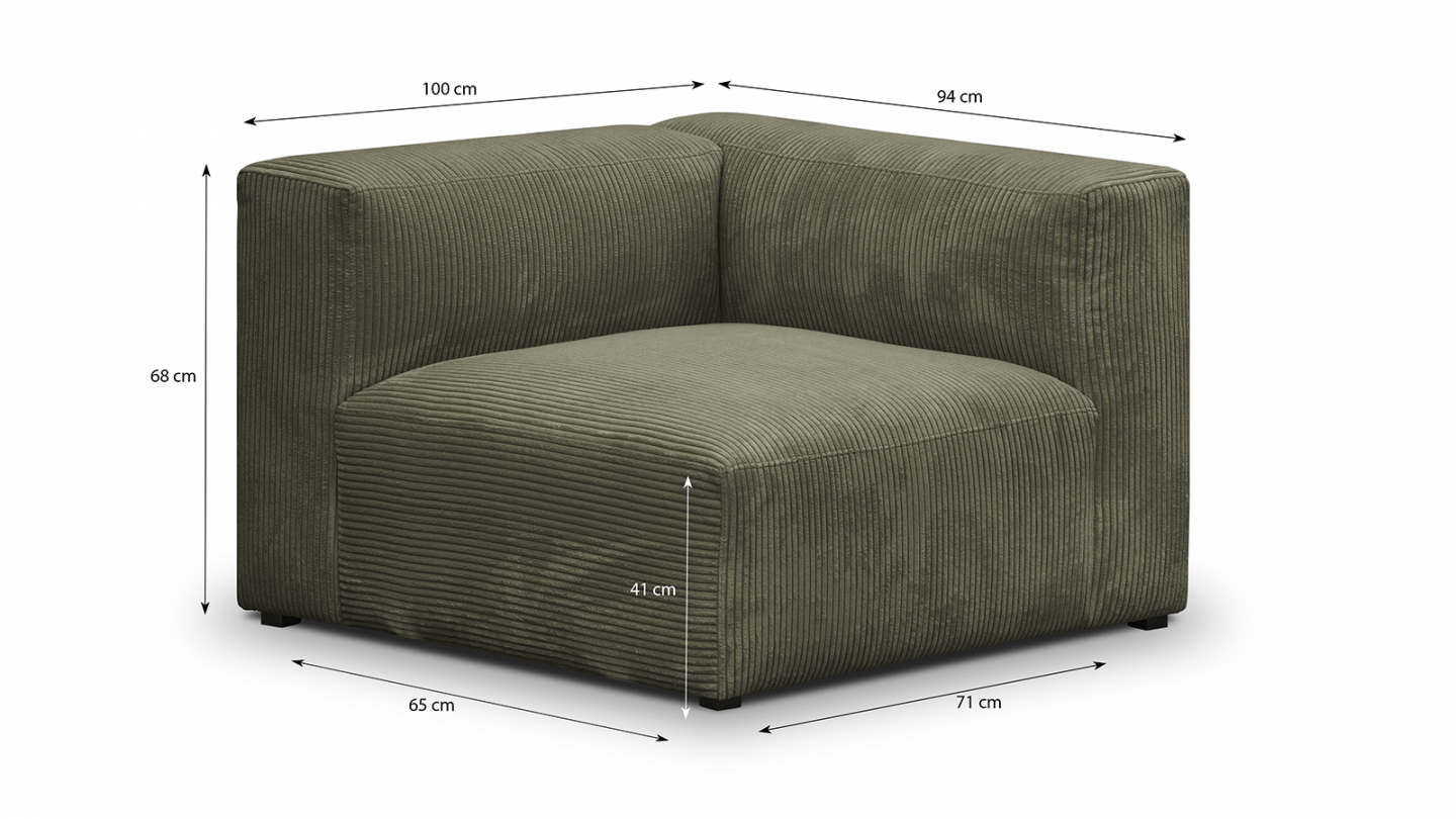 Chauffeuse d'angle à droite modulable en velours côtelé vert kaki - Modulo