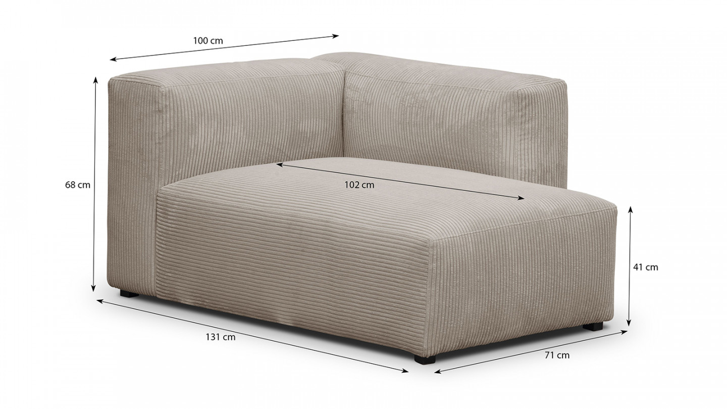 Méridienne d'angle à droite modulable en velours côtelé taupe - Modulo