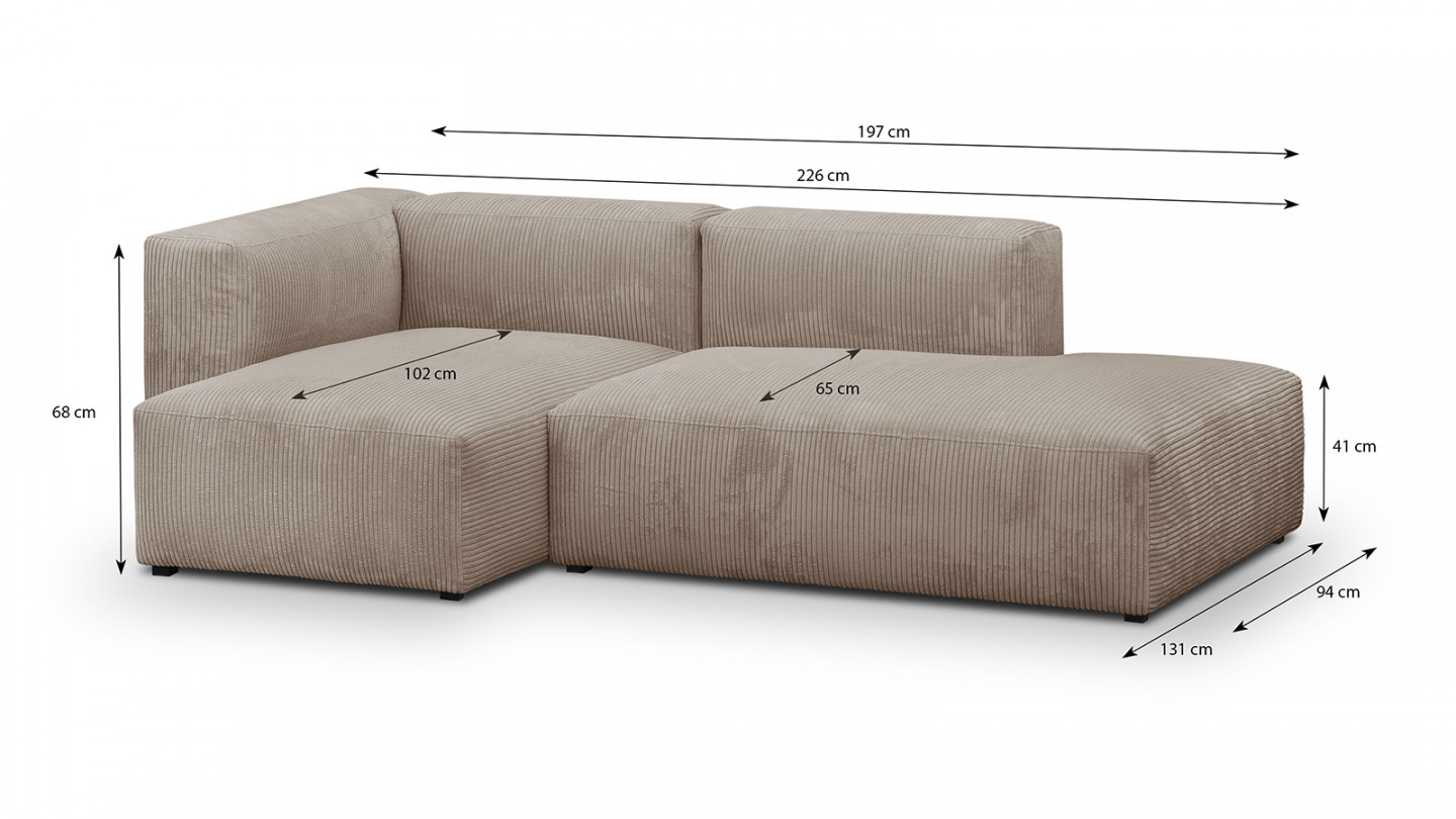 Canapé d'angle à gauche modulable avec méridienne 3/4 places en velours côtelé taupe - Modulo New