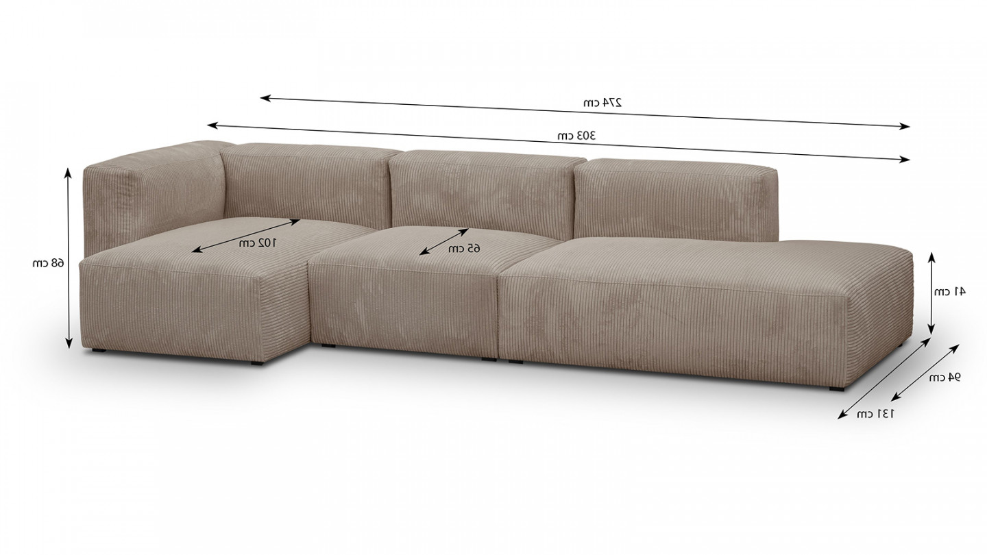 Canapé d'angle à gauche modulable avec méridienne 5 places en velours côtelé taupe - Modulo New