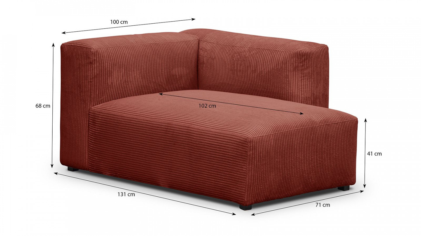 Canapé d'angle à droite modulable avec méridienne 4 places en velours côtelé rouille - Modulo New