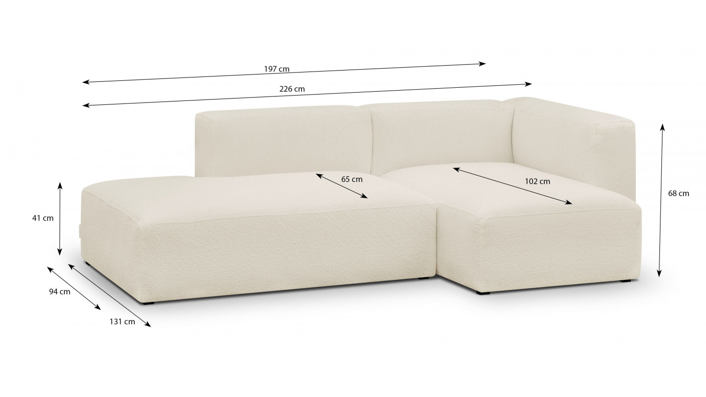 Canapé d'angle à droite modulable avec méridienne 3/4 places en tissu bouclette écru - Modulo