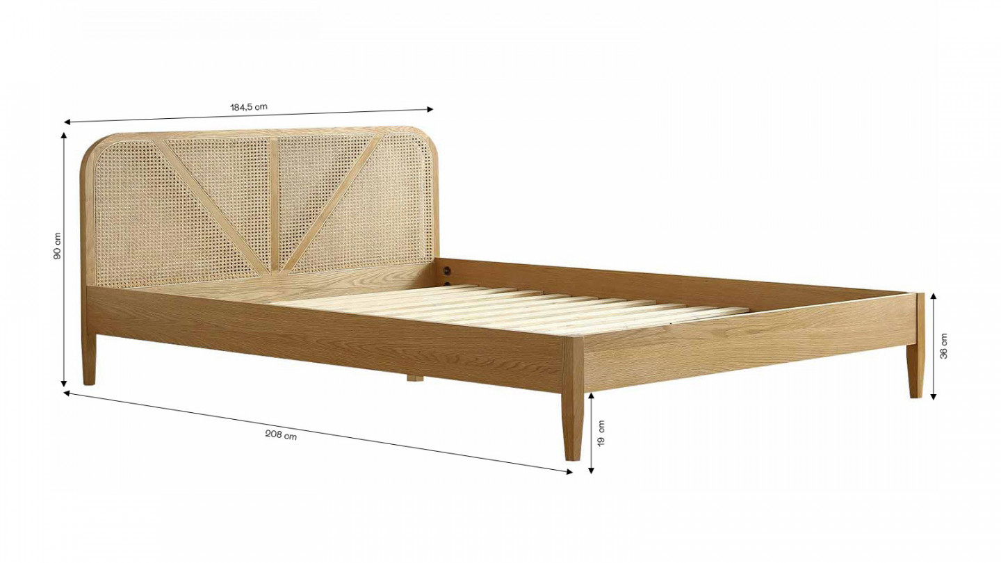 Lit adulte 180x200 cm en placage chêne avec tête de lit en bois massif et cannage naturel - Leonie