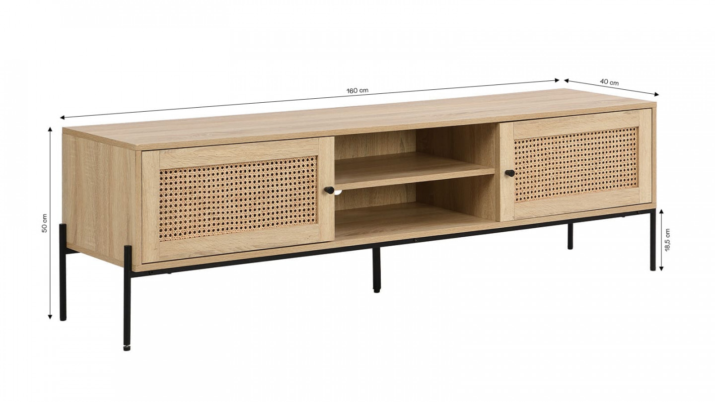 Meuble TV 2 portes en cannage naturel et effet chêne 160 cm - Iris