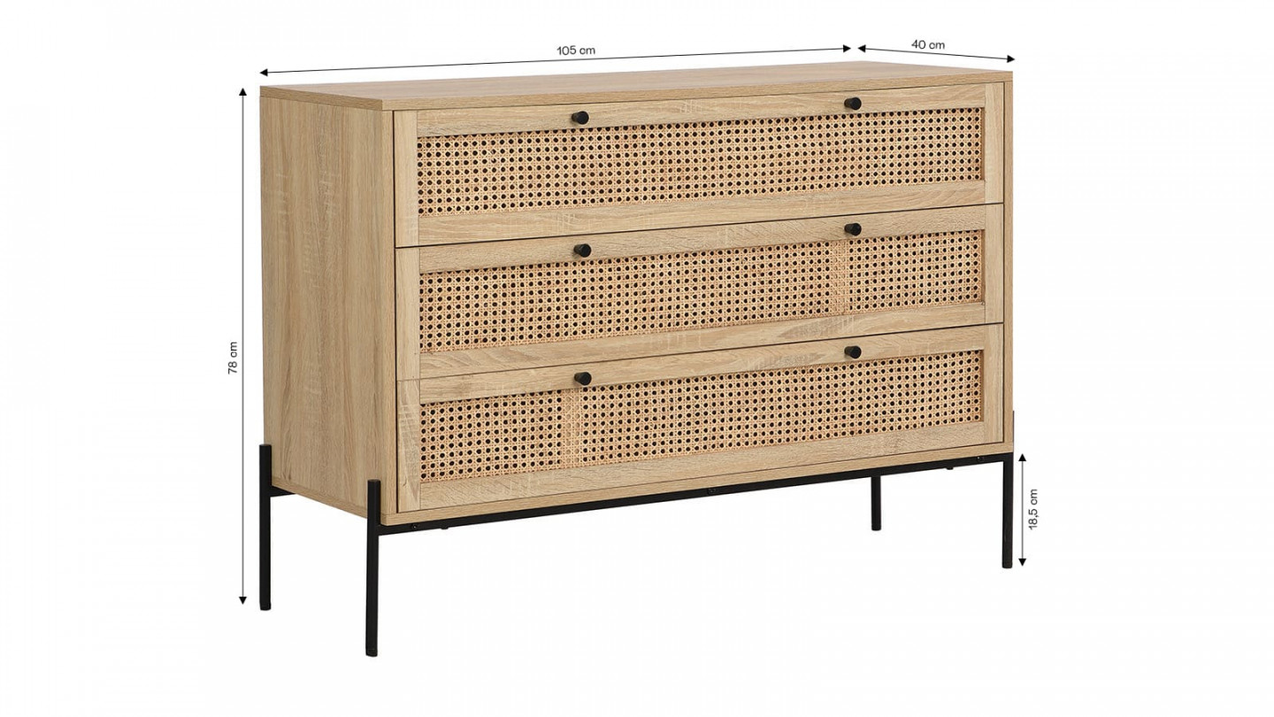 Commode 3 tiroirs en cannage naturel et effet chêne 105 cm - Iris