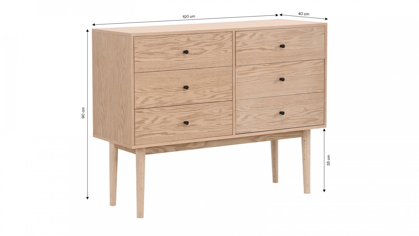 Commode 6 tiroirs placage chêne 120 cm - Lisa