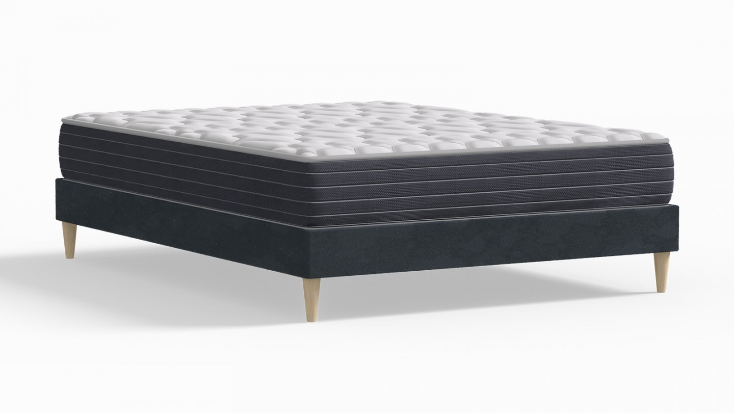 Ensemble lit adulte 140x190 cm en velours bleu nuit Dina + Matelas mémoire de forme Memo HR