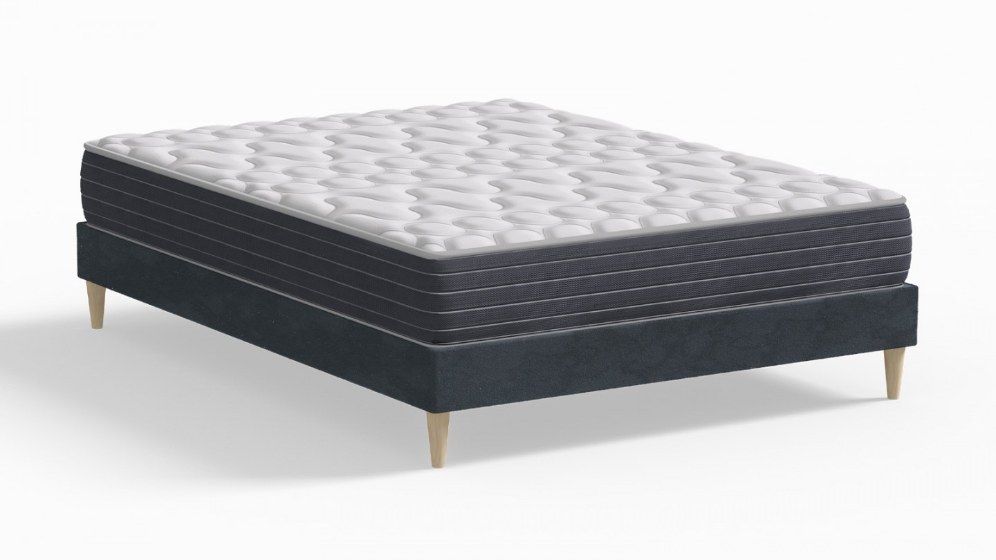 Ensemble lit adulte 140x190 cm en velours bleu nuit Dina + Matelas mémoire de forme Memo HR