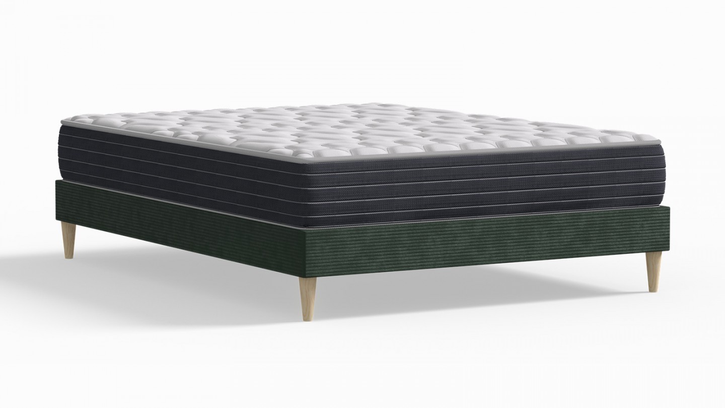 Ensemble lit adulte 140x190 cm en velours côtelé vert Dina + Matelas mémoire de forme Memo HR