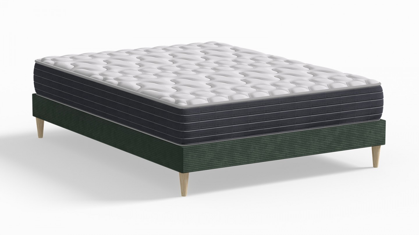 Ensemble lit adulte 140x190 cm en velours côtelé vert Dina + Matelas mémoire de forme Memo HR