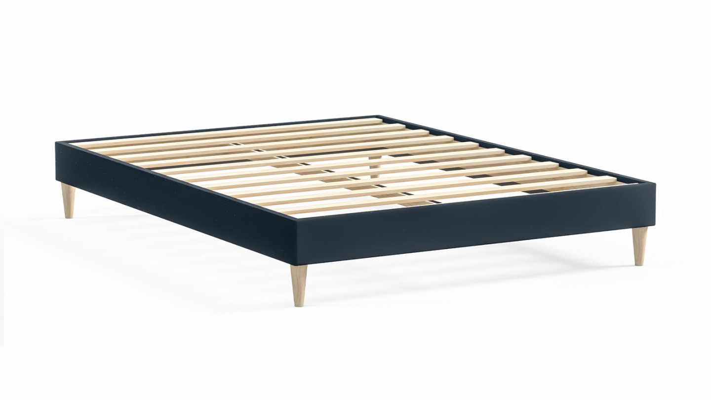 Ensemble lit adulte 160x200 cm en velours bleu nuit Dina + Matelas mémoire de forme Memo HR