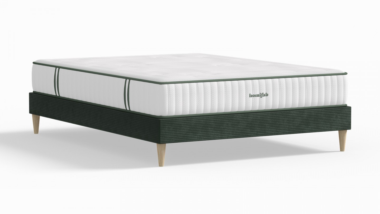 Ensemble lit adulte 180x200 cm en velours côtelé vert Dina + Matelas Latex naturel et ressorts ensachés