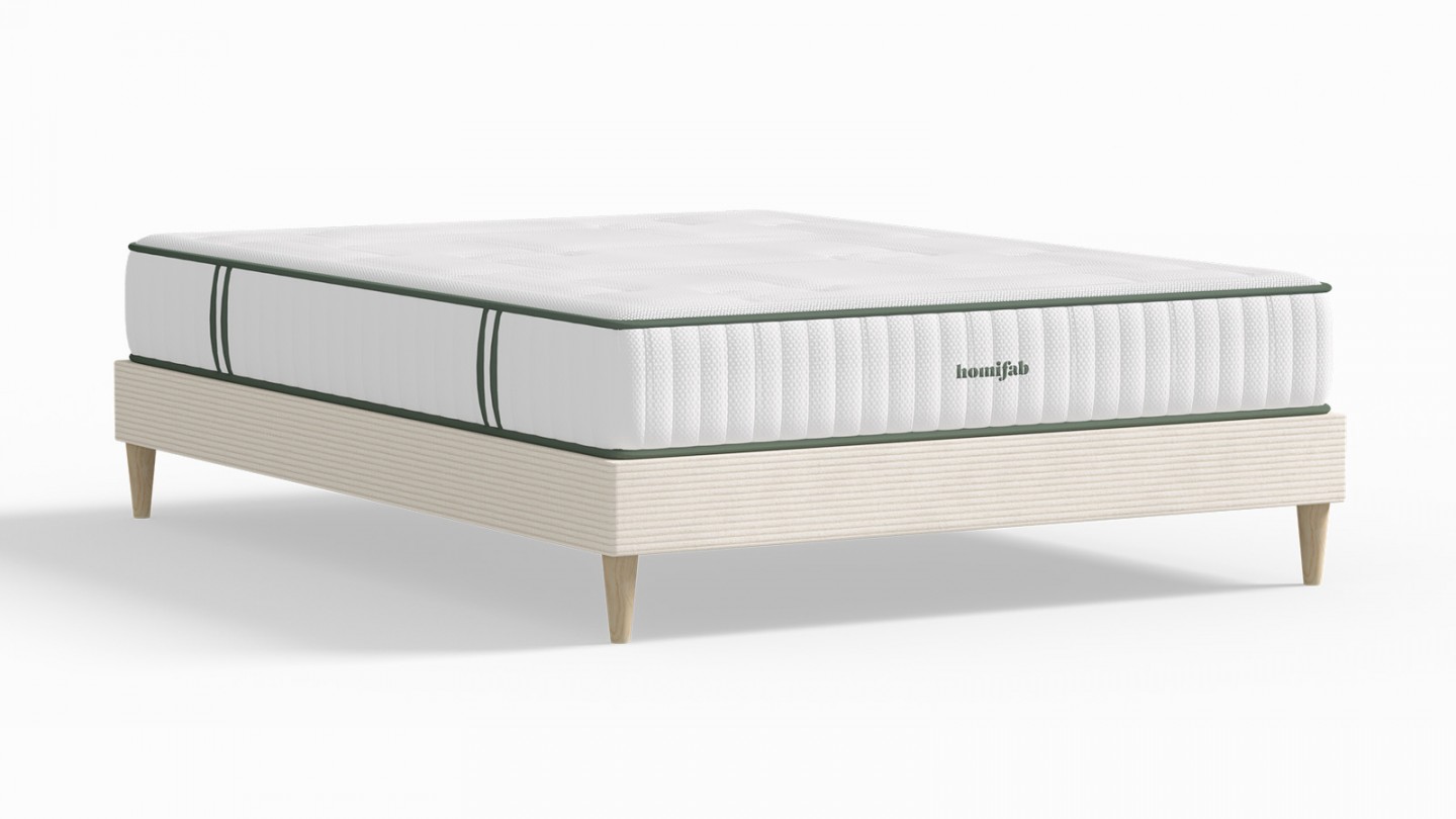 Ensemble lit adulte 180x200 cm en velours côtelé beige Dina + Matelas Latex naturel et ressorts ensachés