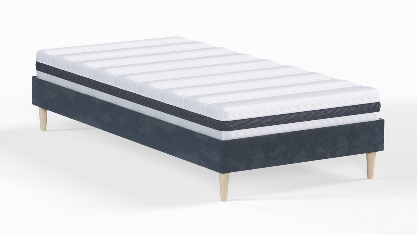 Ensemble lit adulte 90x190 cm en velours bleu nuit Dina + Matelas ressorts ensachés Mousse HR