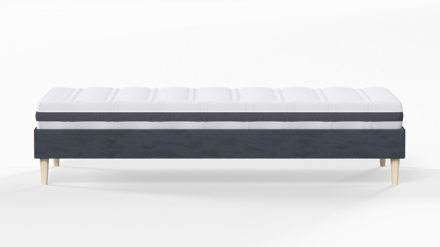 Ensemble lit adulte 90x190 cm en velours bleu nuit Dina + Matelas ressorts ensachés Mousse HR