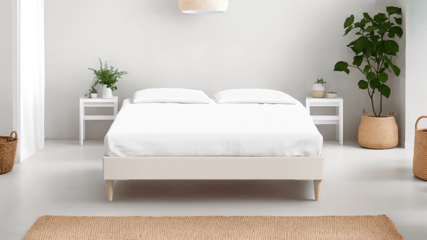 Ensemble lit adulte 140x190 cm en velours beige Dina + Matelas ressorts ensachés Mousse HR