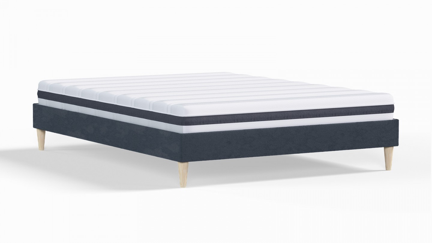 Ensemble lit adulte 140x190 cm en velours bleu nuit Dina + Matelas ressorts ensachés Mousse HR