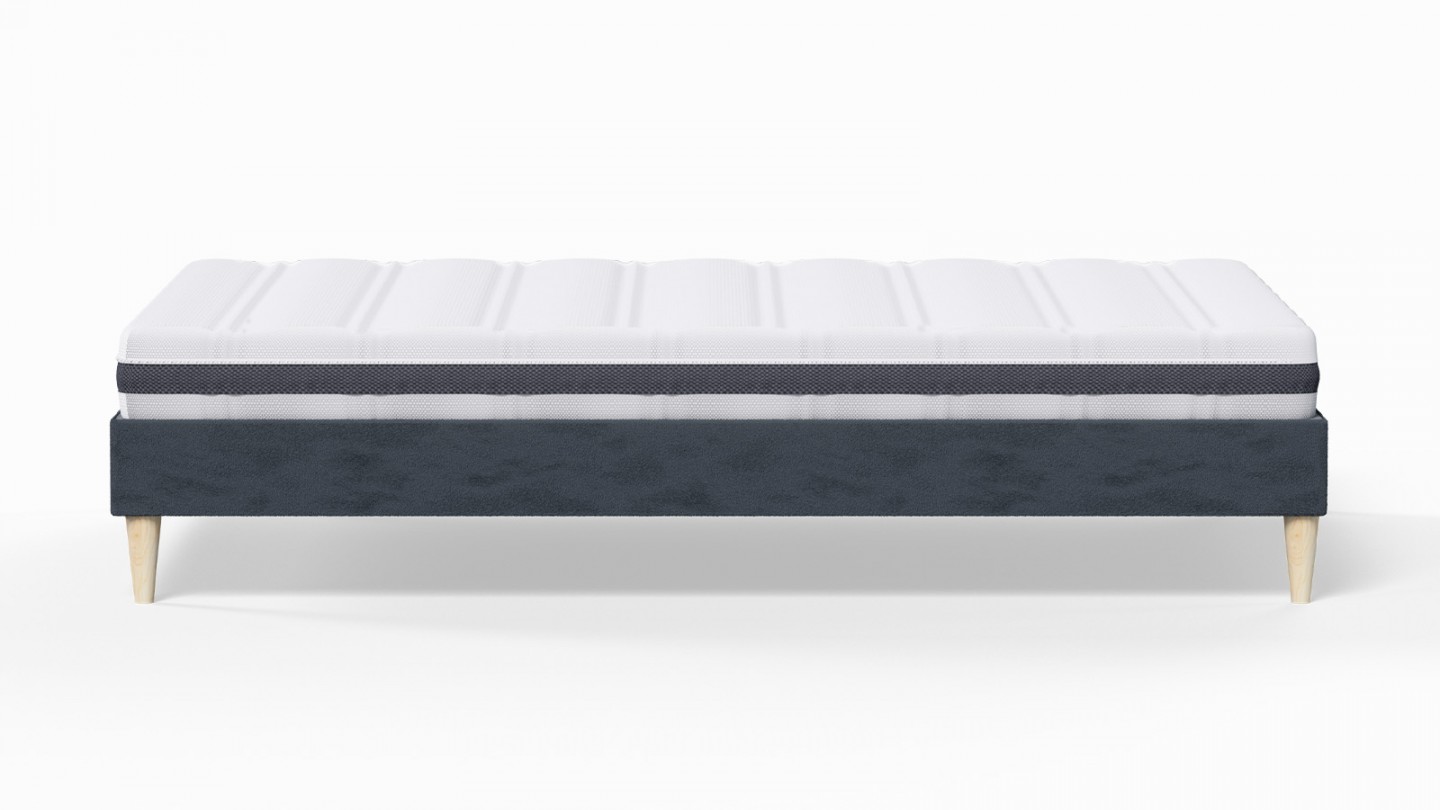 Ensemble lit adulte 140x190 cm en velours bleu nuit Dina + Matelas ressorts ensachés Mousse HR