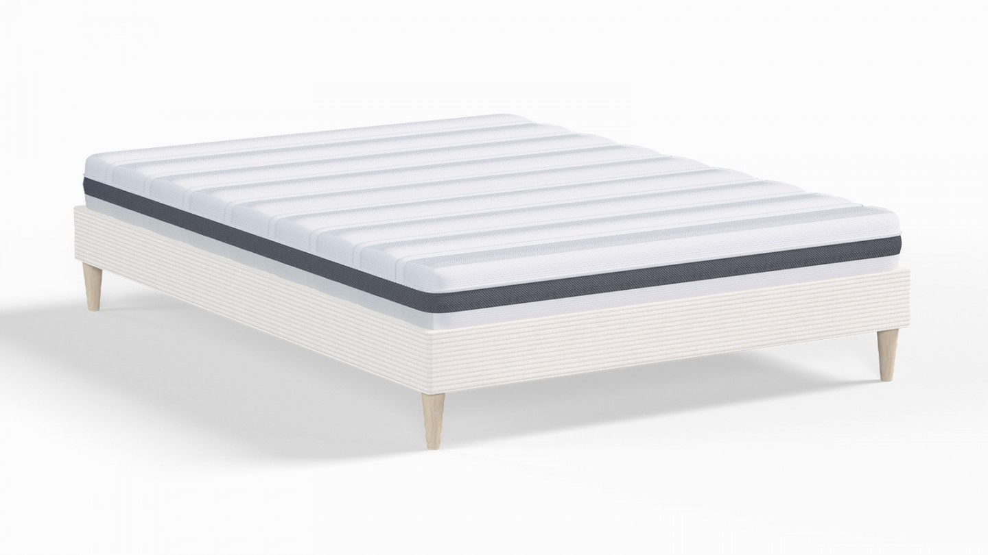 Ensemble lit adulte 140x190 cm en velours côtelé beige Dina + Matelas ressorts ensachés Mousse HR