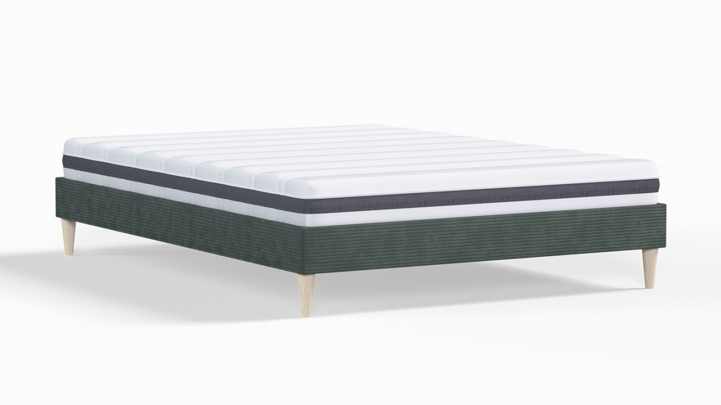 Ensemble lit adulte 140x190 cm en velours côtelé vert Dina + Matelas ressorts ensachés Mousse HR