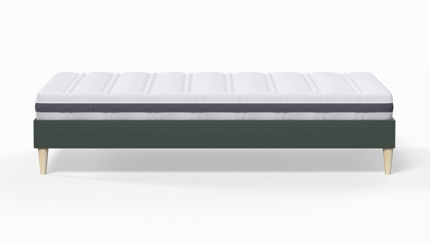 Ensemble lit adulte 140x190 cm en velours côtelé vert Dina + Matelas ressorts ensachés Mousse HR