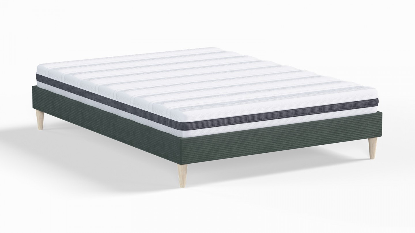 Ensemble lit adulte 160x200 cm en velours côtelé vert Dina + Matelas ressorts ensachés Mousse HR