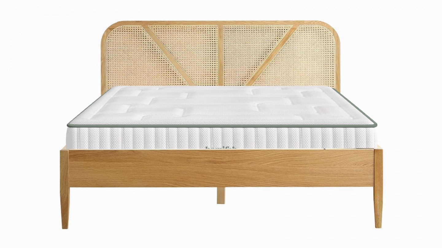 Ensemble lit adulte 140x190 cm placage bois avec tête de lit en cannage Leonie + Matelas Latex naturel Latex Luxury