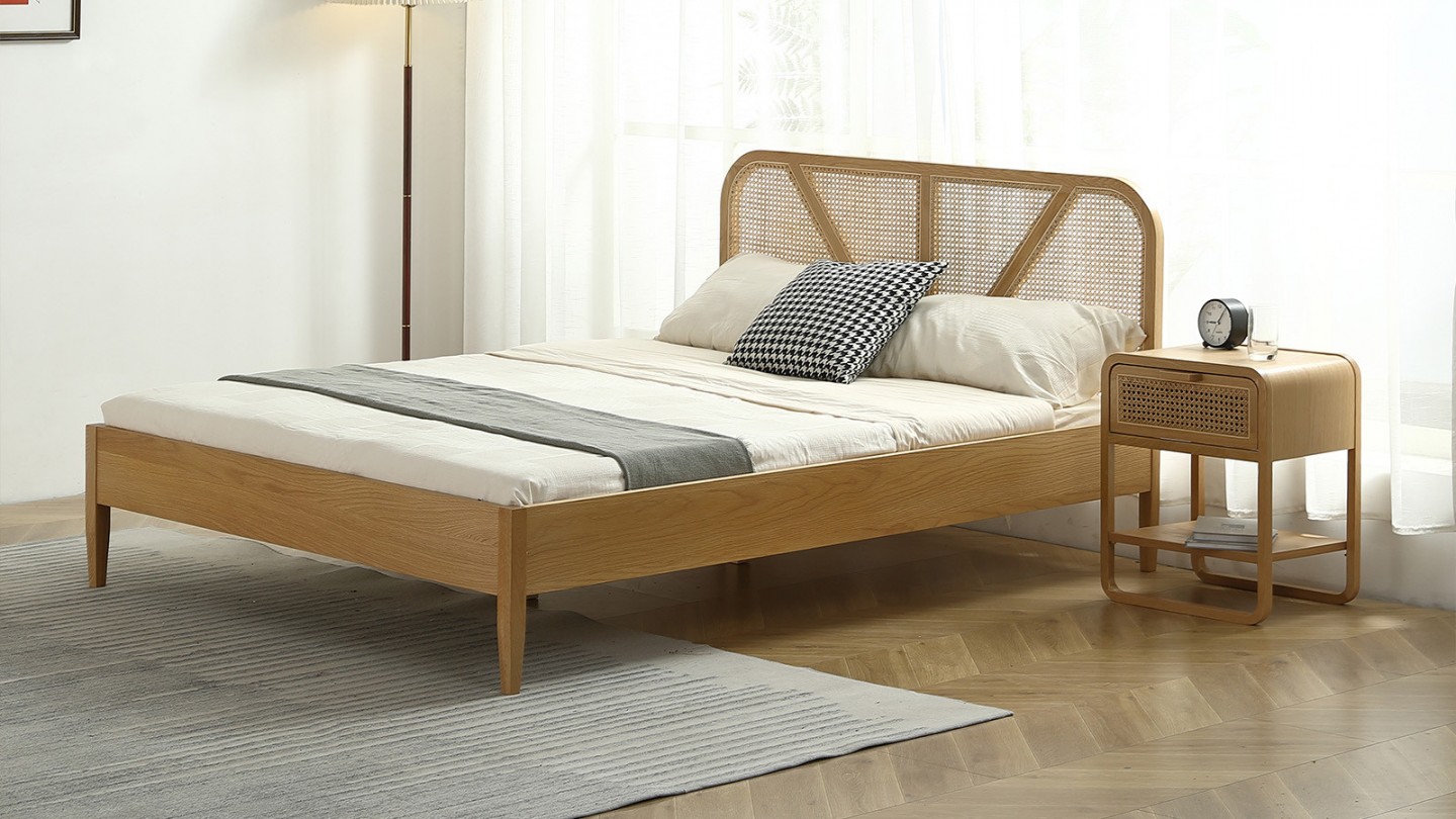 Ensemble lit adulte 140x190 cm placage bois avec tête de lit en cannage Leonie + Matelas Latex naturel Latex Luxury