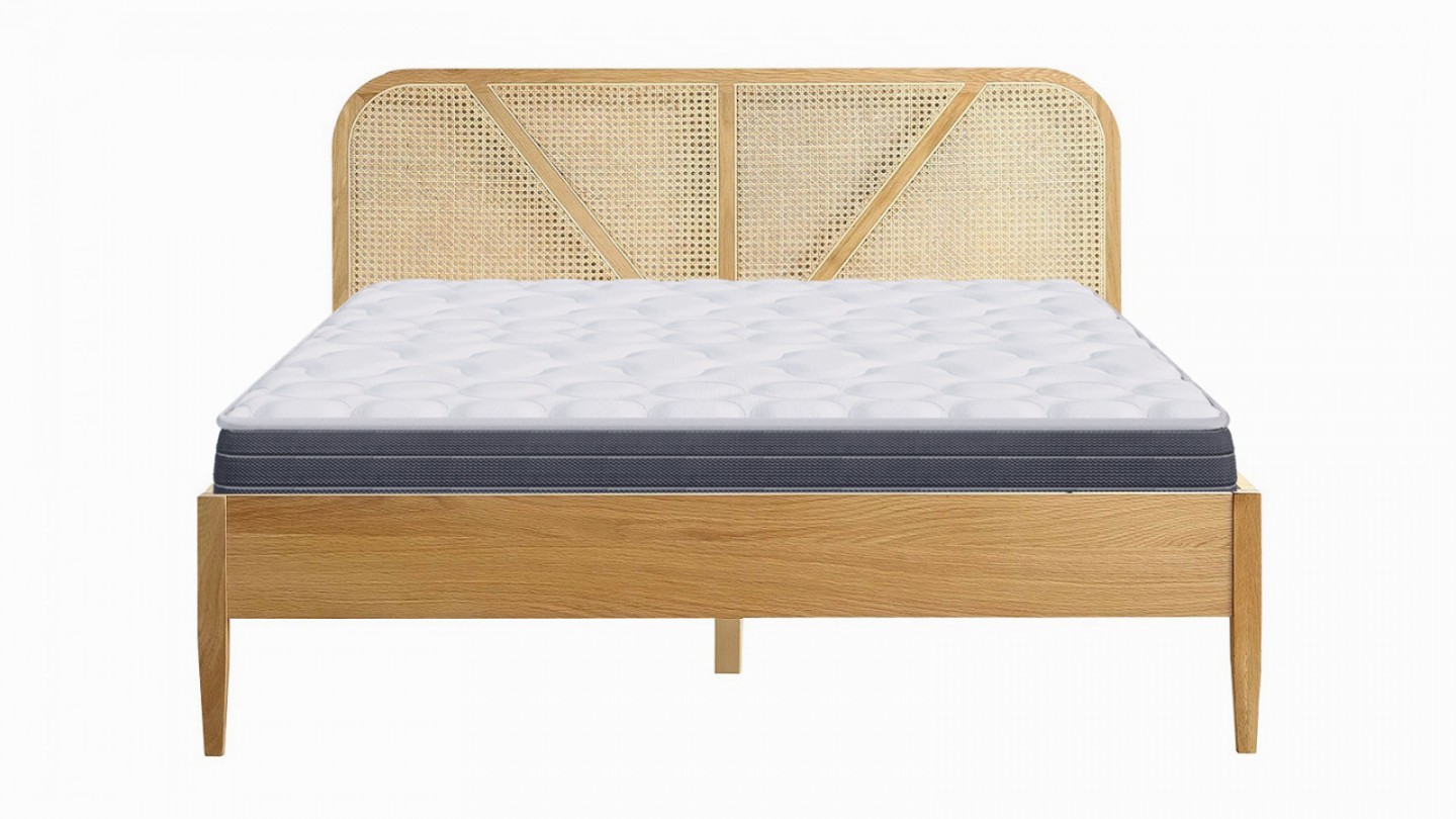 Ensemble lit adulte 180x200 cm placage bois avec tête de lit en cannage Leonie + Matelas mémoire de forme Memo HR