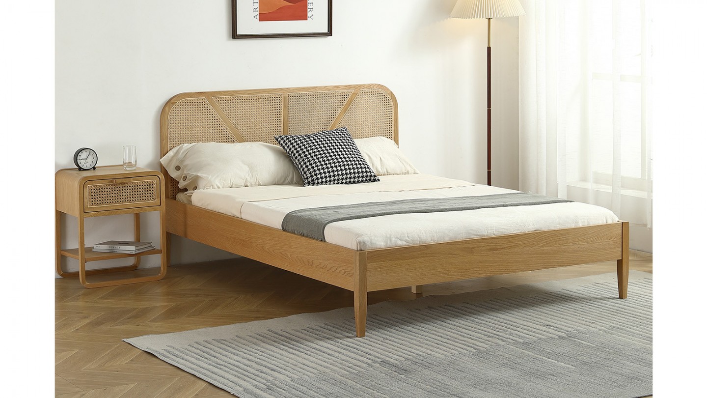 Ensemble lit adulte 180x200 cm placage bois avec tête de lit en cannage Leonie + Matelas mémoire de forme Memo HR