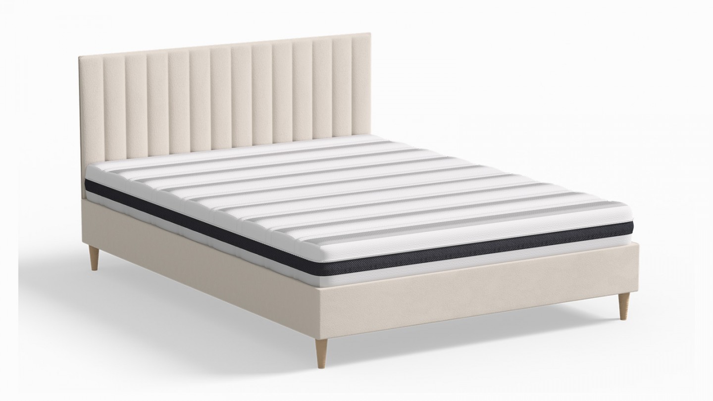 Ensemble lit adulte 140x190 cm en velours beige avec tête de lit matelassée Eliot + Matelas ressorts ensachés Mousse HR