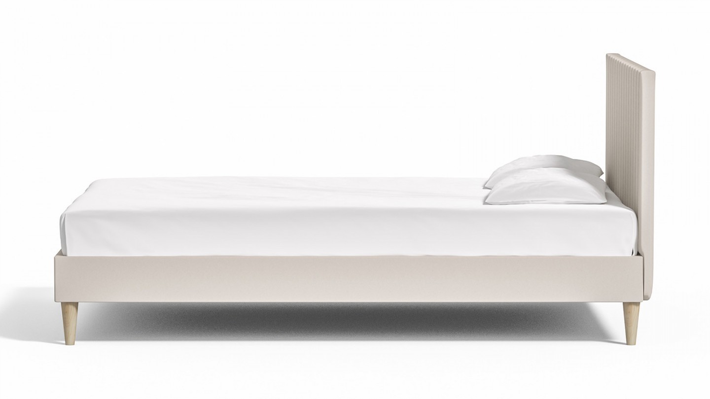 Ensemble lit adulte 140x190 cm en velours beige avec tête de lit matelassée Eliot + Matelas ressorts ensachés Mousse HR