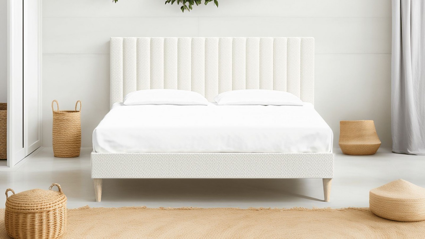 Ensemble lit adulte 140x190 cm en tissu bouclé écru avec tête de lit matelassée Eliot + Matelas ressorts ensachés Mousse HR