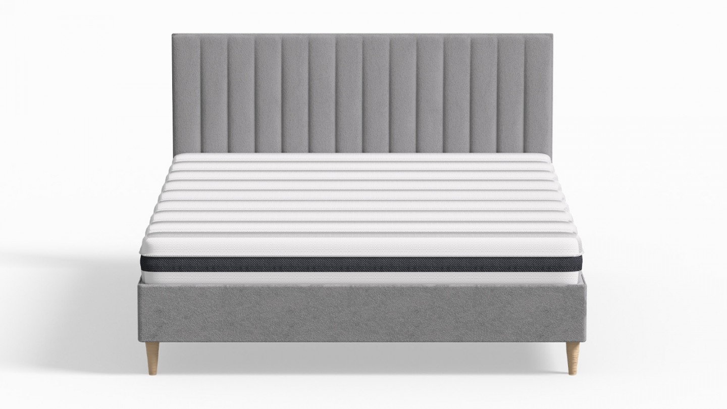 Ensemble lit adulte 140x190 cm en velours gris clair avec tête de lit matelassée Eliot + Matelas ressorts ensachés Mousse HR