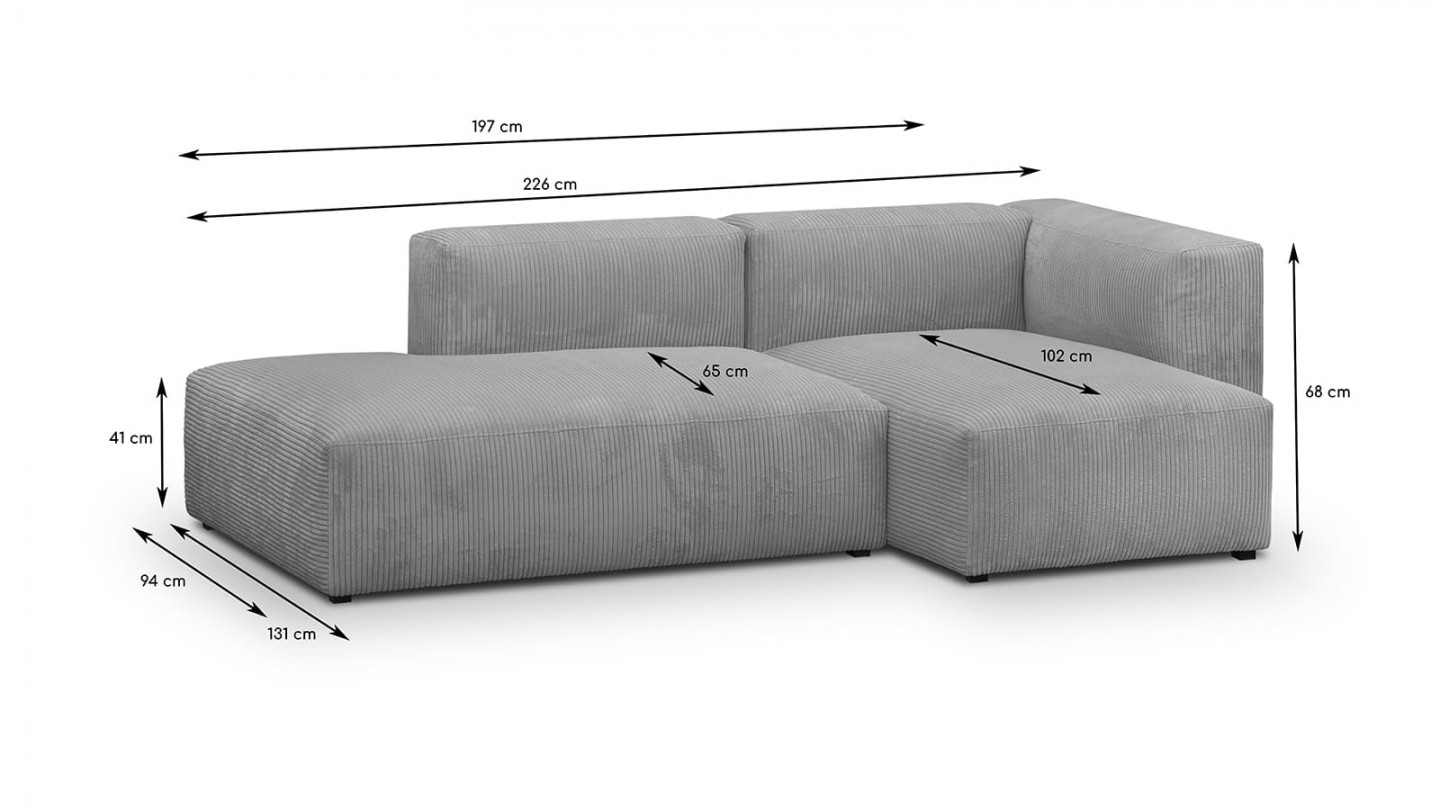 Canapé d'angle à droite modulable avec méridienne 3/4 places en velours côtelé gris clair - Modulo