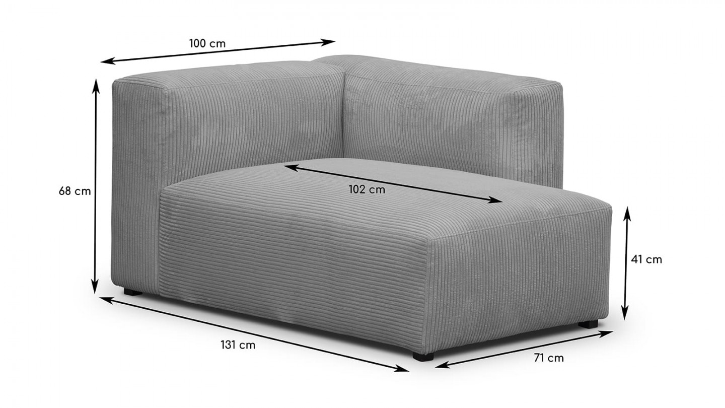 Canapé d'angle à droite modulable avec méridienne 3/4 places en velours côtelé gris clair - Modulo