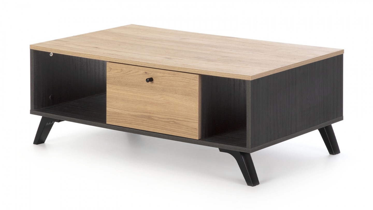 Table basse 1 tiroir effet bois noir et bois naturel 100 cm - Zack