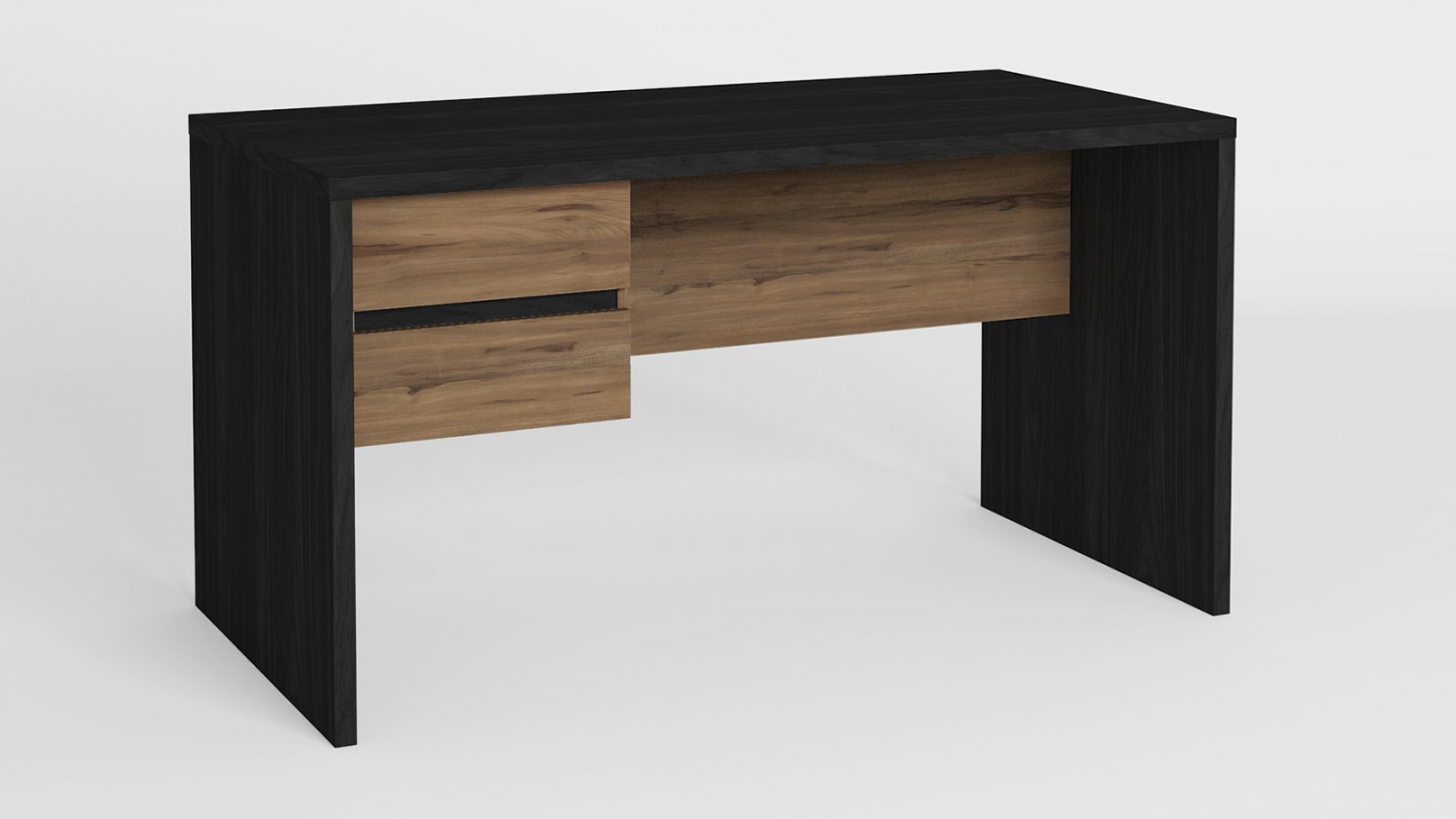 Bureau 2 tiroirs noir et effet bois 136 cm - Jess