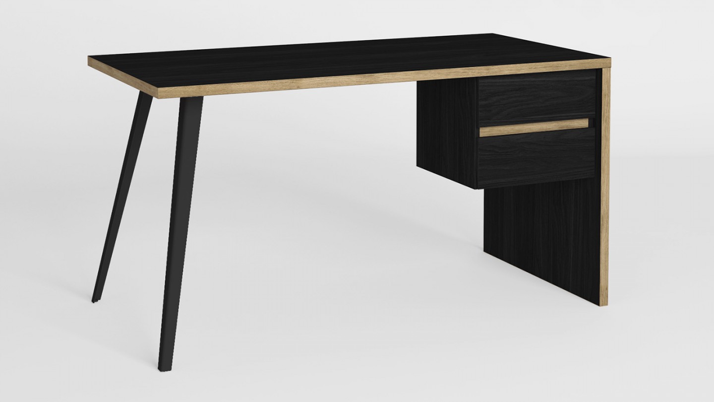 Bureau 2 tiroirs noir et effet bois 136 cm - Amanda