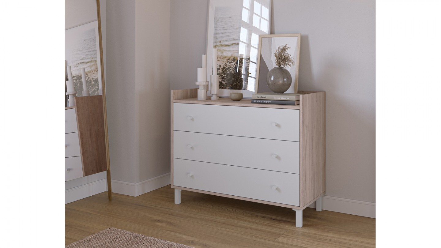 Commode 3 tiroirs blanc et effet bois 92 cm - Aurelia