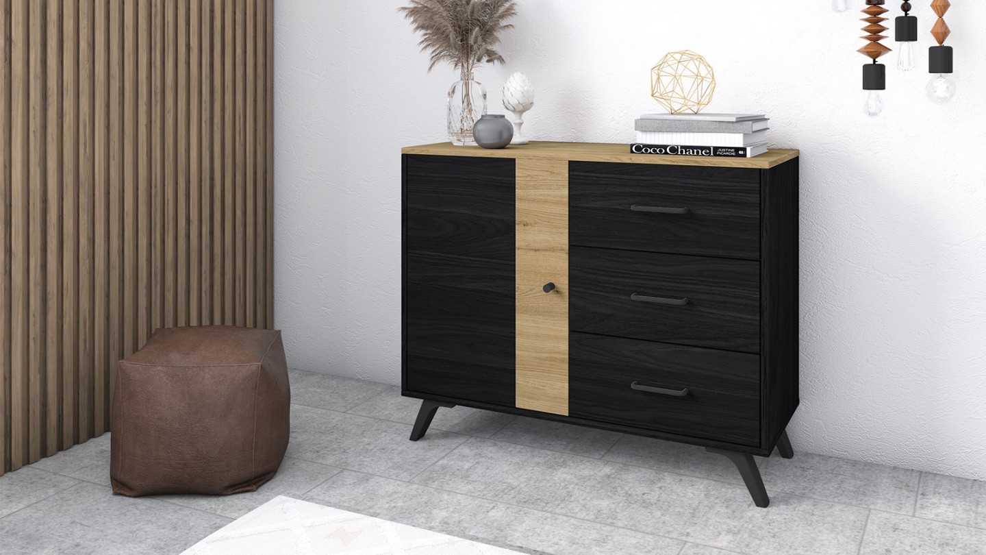 Buffet 1 porte 3 tiroirs effet bois noir et bois naturel 92 cm - Zack