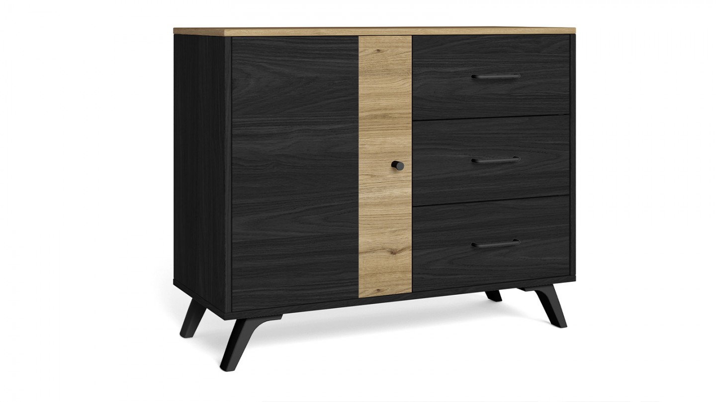 Buffet 1 porte 3 tiroirs effet bois noir et bois naturel 92 cm - Zack