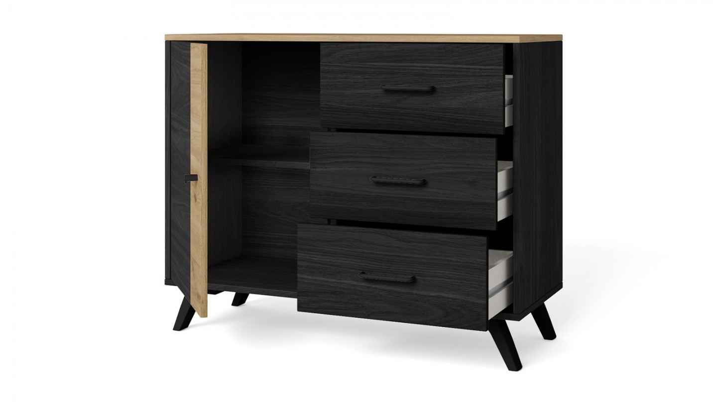 Buffet 1 porte 3 tiroirs effet bois noir et bois naturel 92 cm - Zack