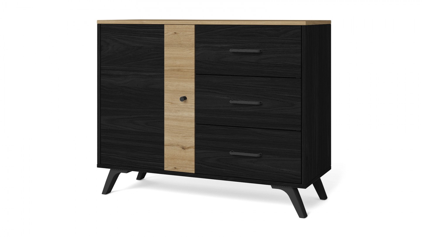 Buffet 1 porte 3 tiroirs effet bois noir et bois naturel 92 cm - Zack