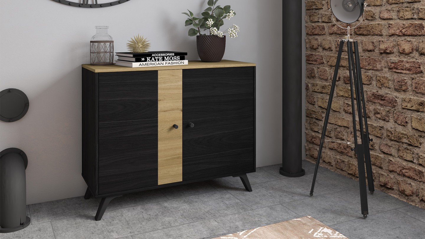 Buffet 2 portes effet bois noir et bois naturel 92 cm - Zack