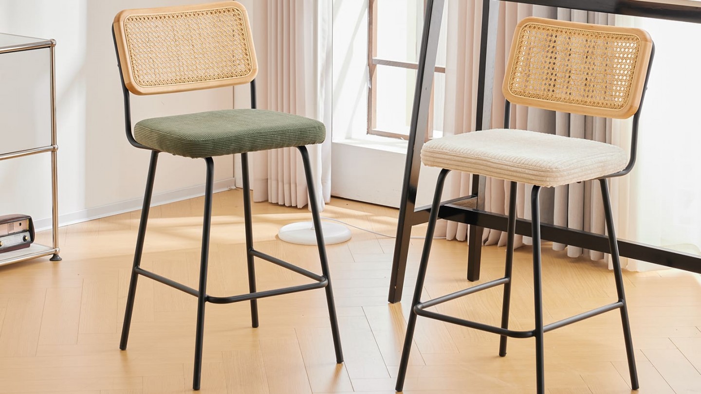 Lot de 2 tabourets de bar en velours côtelé beige et cannage naturel - Muse